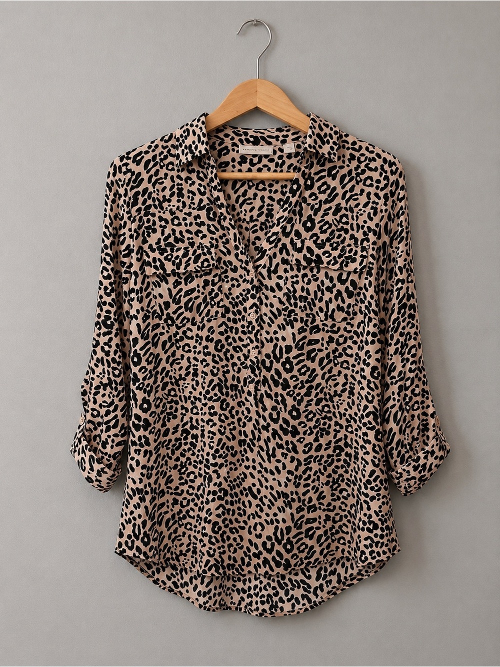 New York & Company Printed Blouse Women Medium Roll Tab Button Career Top